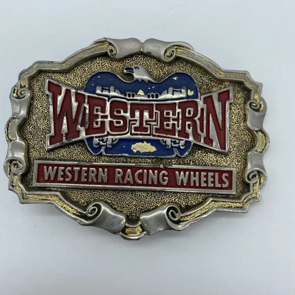 Western Racing Wheels Belt Buckle Vintage 1970's Brass 3.5x2.75 - Picture 2 of 8
